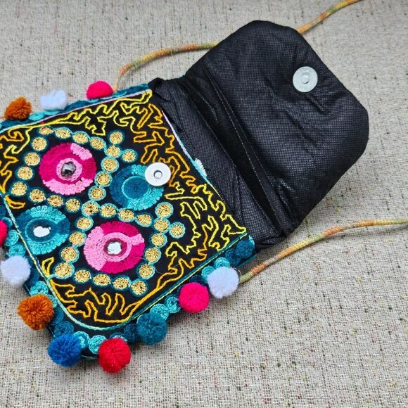 Kids Cross Body Bag Multi Color Pop Pom Cute Multi Colot Embroidery Bag - Picture 9 of 11